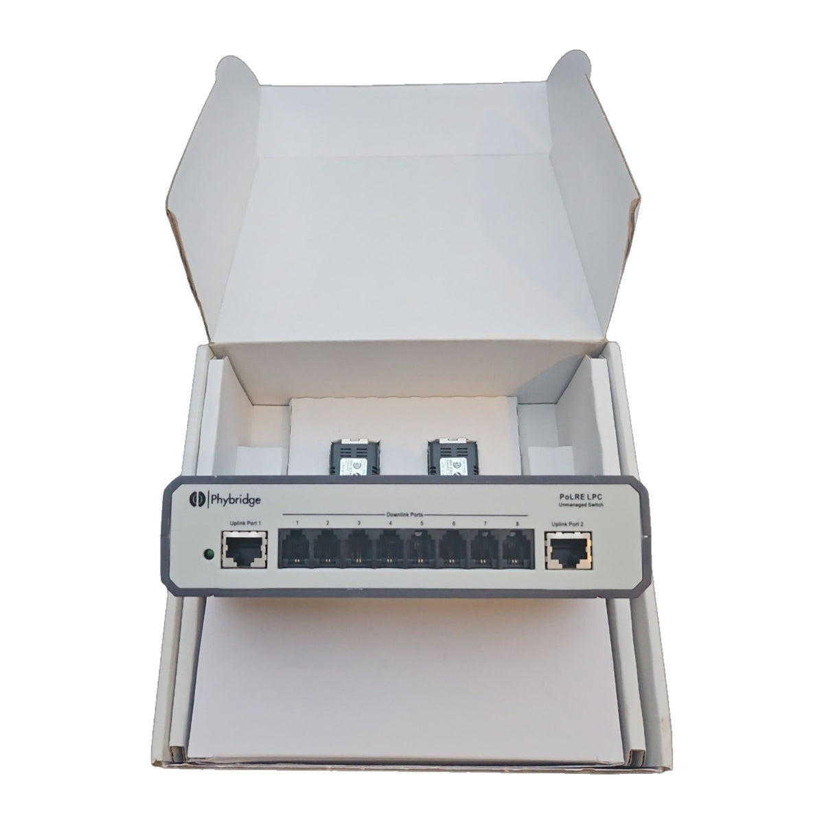 Phybridge PL-08 PoLRE 8-Port Long Reach PoE Switch 2 PhyLink Adapters PSU NOB
